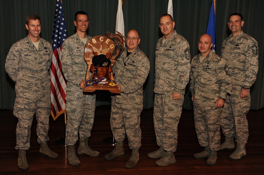 Representatives from Team Kadena present the Spirit Award to U.S. Air Force Col. Jeffrey King, 18th Maintenance Group commander, and Chief Master Sgt. Jeffrey Moore, 18th MXG superintendent, at the Team Kadena and Partner Unit 4th Quarter Awards ceremony on Kadena Air Base, Japan, Jan. 23, 2015. The Spirit Award is given to the unit who showed the most enthusiasm during the awards ceremony. (U.S. Air Force photo by Airman 1st Class Zade C. Vadnais)