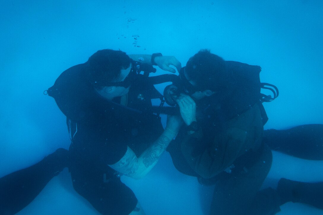 Soldiers practice emergency breathing procedures during Scuba re-certification training at the East Gate Pool on Eglin Air Force Base, Fla., Jan. 20, 2015. 