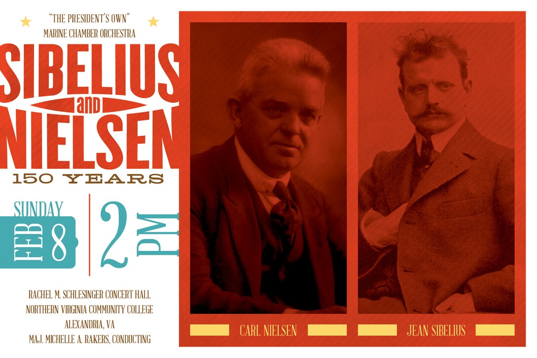 Feb. 8 at 2 p.m. EST - Carl Nielsen was credited with stating, “Music is the sound of life;” so join us to celebrate the lives and contributions of two Nordic champions of the romantic era. Jean Sibelius and Carl Nielsen were not only contemporaries, but also two of Europe’s most influential musicians. Sibelius was deeply inspired by nature while Nielsen was questioning his humanism post WWI, and both composers’ abilities to convey their inspiration and deepest compassions is unquestioned. The concert will include Sibelius’ Suite No. 2 from The Tempest, Opus 109 and Suite from Pelléas et Mélisande, Opus 46, as well as Staff Sgt. Patrick Morgan performing Nielsen’s Clarinet Concerto, Opus 57. The concert is free and will be held at the Schlesinger Concert Hall in Alexandria, Va.; no tickets are required. 
