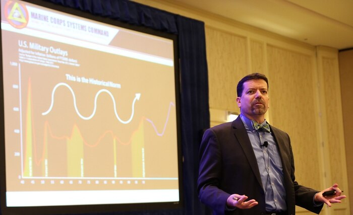 Jim Smerchansky, Marine Corps Systems Command executive director, talks about career paths at the Naval Acquisition Development Program Annual Training Symposium in Crystal City, Virginia.