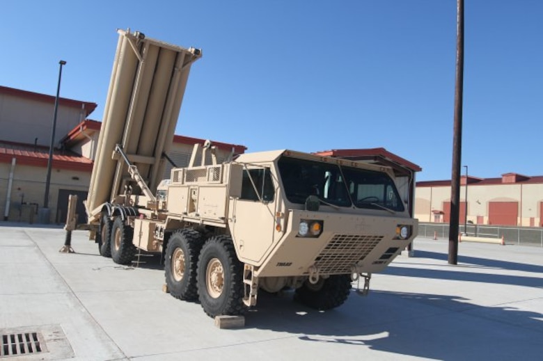 A Terminal High Altitude Area Defense (THAAD) mobile launcher sits on display in the new Lt. Gen. C.J. LeVan THAAD Instructional Facility at Fort Sill, Okla. Jan. 23 during the ribbon cutting and dedication ceremony. The facility will graduate 200 THAAD-qualified student a year for the three THAAD batteries now on active duty with a fourth expected later this year.