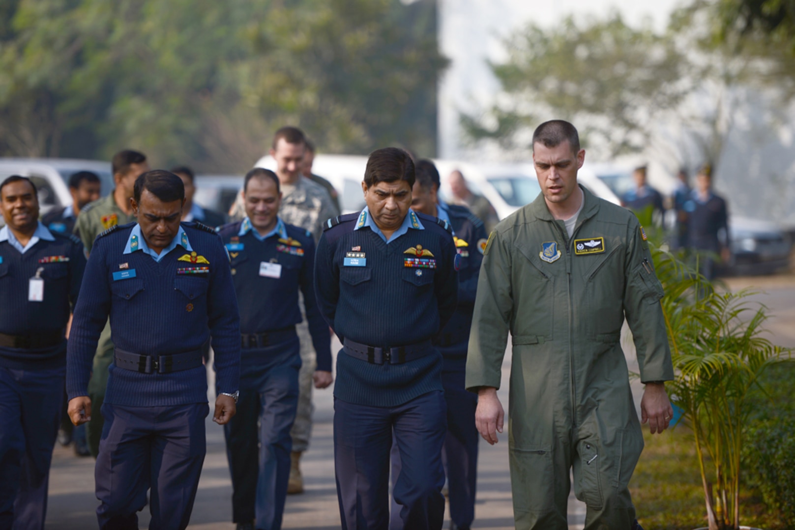 BAF BASE BANGABANDHU, Bangladesh (Jan. 24, 2015) - Lt. Col. Andrew Campbell, right, 36th Airlift Squadron commander, talks with Bangladesh air force Air Vice Marshal M. Naim Hassan during Exercise Cope South. Cope South helps cultivate common bonds, foster goodwill and improve readiness and compatibility between members of the Bangladesh and U.S. Air Forces. 