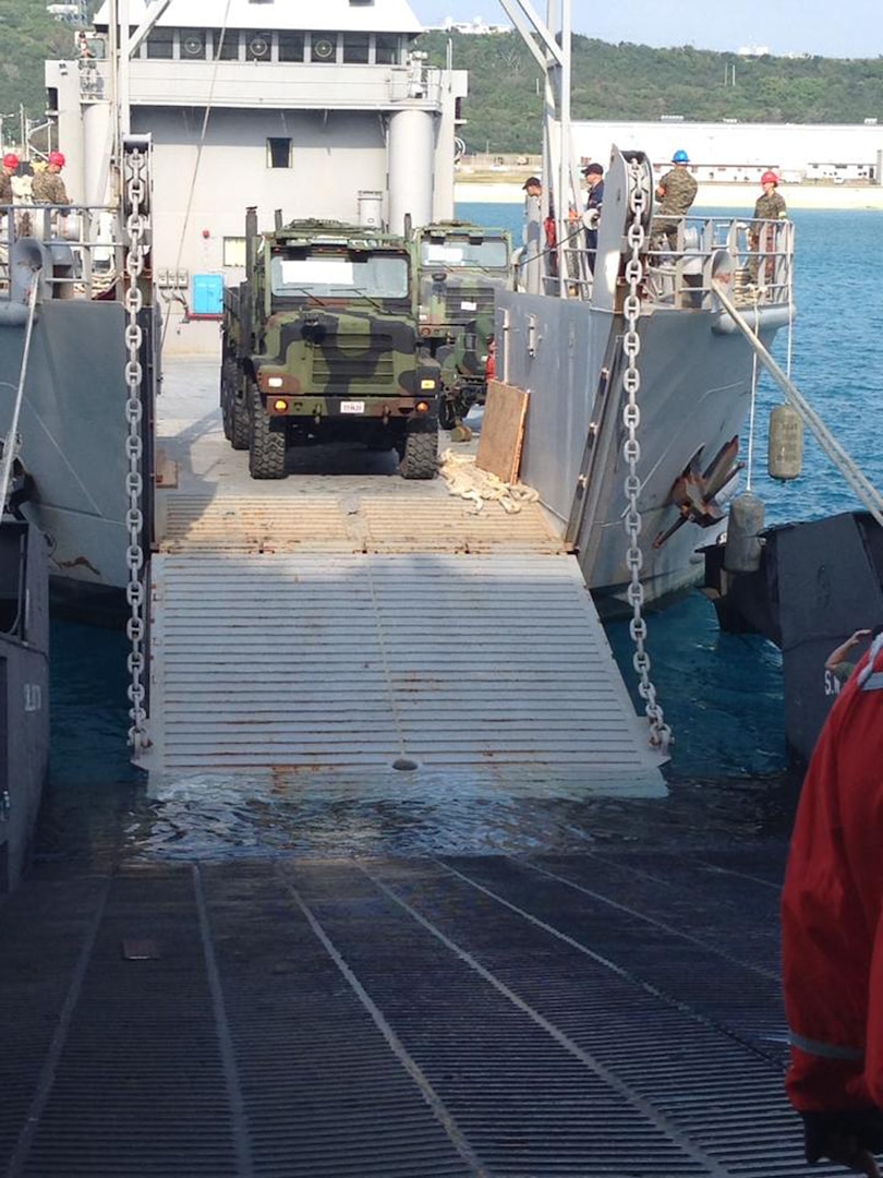 WHITE BEACH NAVAL BASE, Okinawa, Japan (Jan. 26, 2015) - Soldiers with the 10th Support Group (Regional) aboard the U. S. Army Landing Craft Utility, USAV Port Hudson (LCU 2035), aligned the loading ramp to the stern ramp of the Military Sealift Command prepositioning vessel, USNS Sgt. Matej Kocak (T-AK 3005), to transfer supplies and vehicles between watercraft. The ramp-to-ramp loading method enabled Soldiers to drive vehicles between vessels, while other Soldiers simultaneously loaded 379 containers in less than 33 hours using a port-side crane from the LCU and the USNS Kocak.   