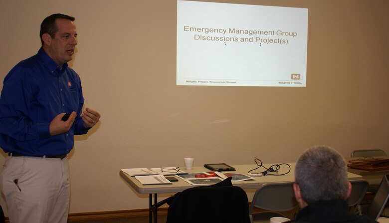 Bill Smiley, chief, Emergency Management Office, Tulsa District U.S. Army Corps of Engineers, briefs emergency managers and community members from Oklahoma and Kansas communities along the Caney River during a tabeltop exercise recently. Tabletop exercises are designed to get community members thinking about flood mitigation and response.