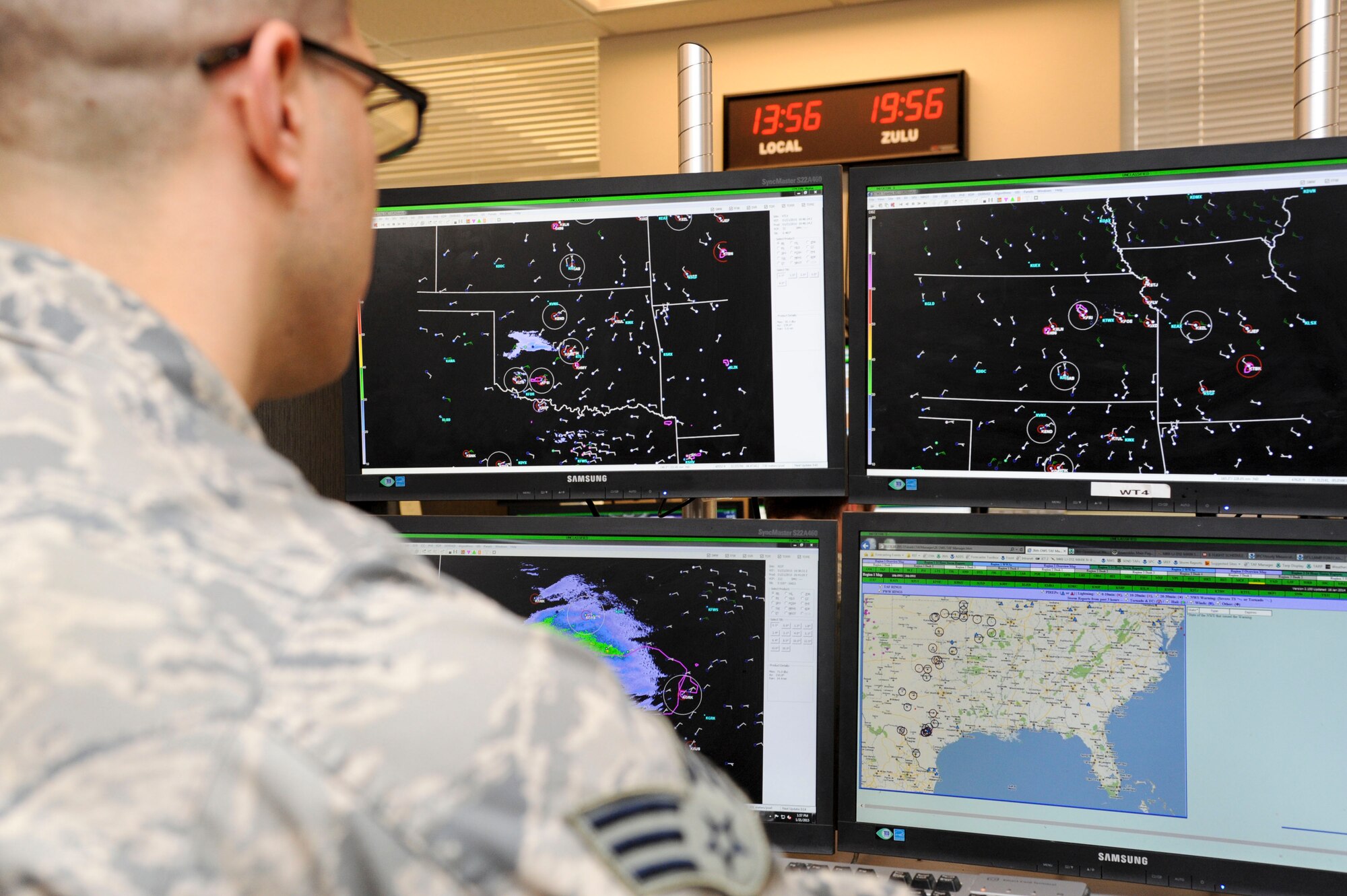 Senior Airman Gabriel Marchant, 26th Operational Weather Squadron weather forecaster, watches for thunderstorms using the Gibson Ridge radar on Barksdale Air Force Base, La., Jan. 21, 2015. The Airmen of the 26th OWS operate around the clock to provide precise weather information to include flight weather briefings and weather advisories, watches and warnings over a 13-state region of the southeastern United States. (U.S. Air Force photo/ Senior Airman Jannelle Dickey)(U.S. Air Force photo/ Senior Airman Jannelle Dickey)