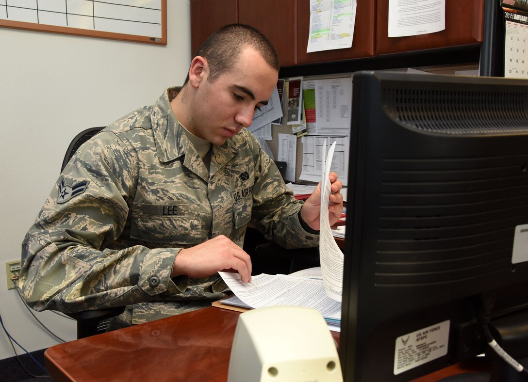 Airman 1st Class Ryan Lee, 341st Missile Wing military justice paralegal, reviews an Article 15 Jan. 26 at the Malmstrom Air Force Base legal office. Whether providing legal guidance to commanders or legal services to Airmen, paralegals from the 341st MW play a vital role in the Malmstrom Air Force Base and Air Force legal system. (U.S. Air Force photo/Airman 1st Class Joshua Smoot)