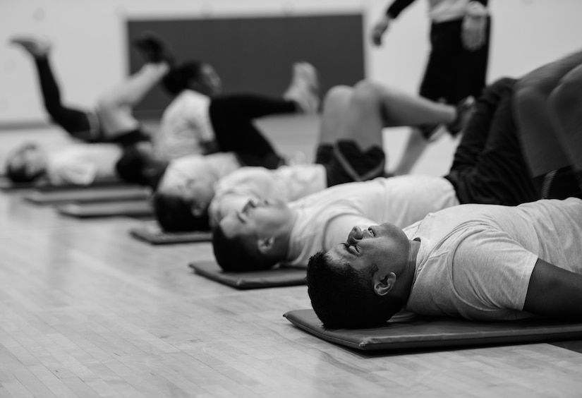 U.S. Air Force Airmen participate in a Back 2 Basics class at Langley Air Force Base, Va., Jan. 8, 2015. During the eight-week program, workouts range from running, interval training, speed and agility and body weight exercises. (U.S. Air Force photo by Senior Airman Kayla Newman/Released) 