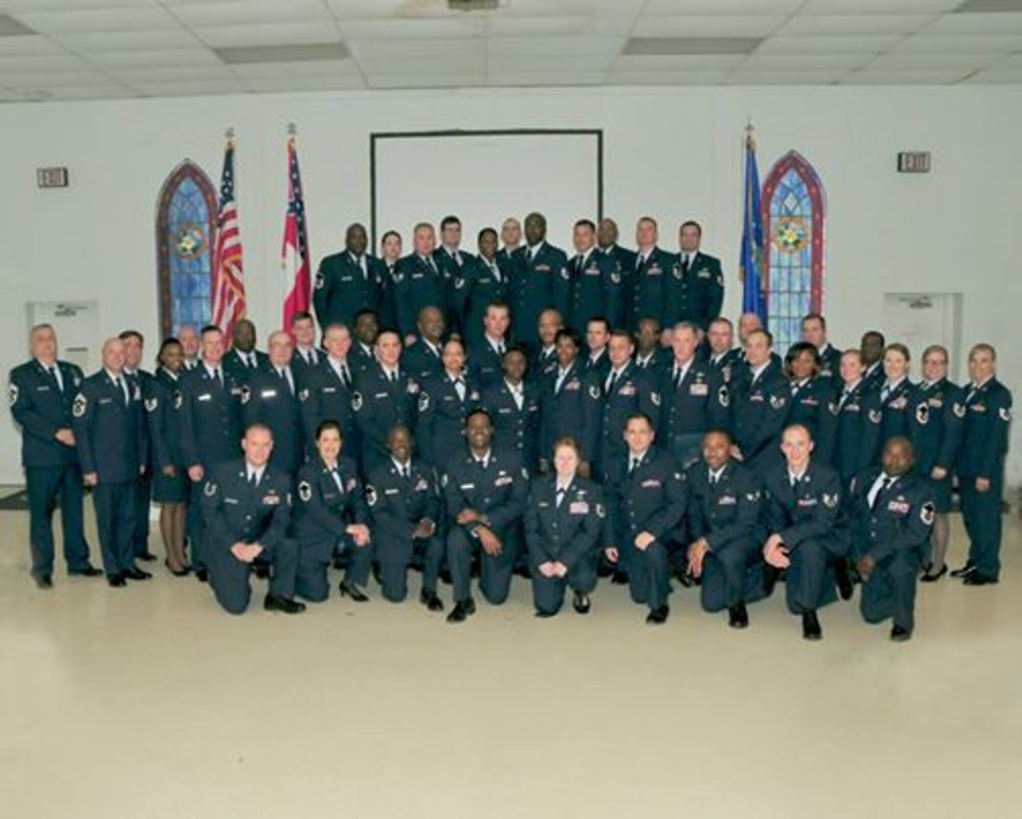 The 172d Airlift Wing held its largest Community College of the Air Force (CCAF) graduation ceremony on Sunday, November 2, 2014 with over 60 graduates. The graduates included enlisted members from the 172 Maintenance Group, 172d Medical Group, 172d Mission Support Group, 172d Operations Group, 172d Airlift Group, Joint Forces State Headquarters, CRTC, 255th Air Control Squadron and the 209th Special Operations Civil Engineer Squadron. The Wing was honored to have CMSgt David R. Staton, Command Chief Master Sergeant, Second Air Force, Keesler Air Force base as the keynote speaker. Chief Staton quoted “this group was as large as an active duty CCAF ceremony but he had never seen this many family members come out in support of one”. He commended the Wing on a job well done. (photo released by MSgt Connie Reed, 172d Public Affairs)
