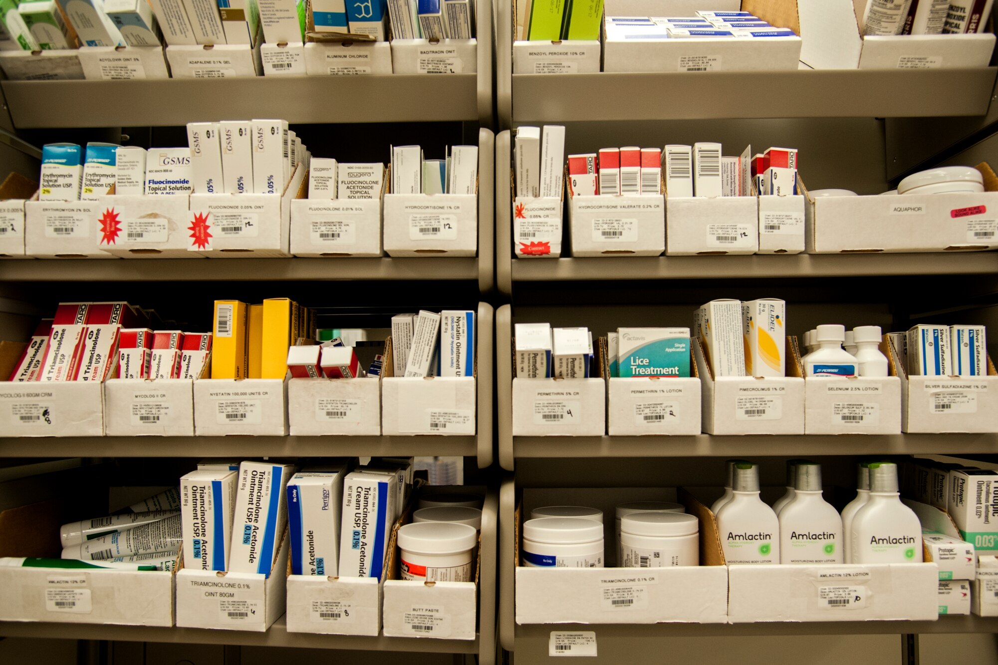 GOODFELLOW AIR FORCE BASE, Texas – Shelves of medication at the pharmacy, Jan. 27. The medications are taken from the shelves and put into code specific bins for patients. (U.S. Air Force photo/ Airman 1st Class Scott Jackson)