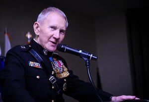 Retired Marine Maj. Gen. James Livingston speaks to an audience of Airmen and Sailors Jan. 23, 2015, at the 2015 628th Air Base Wing Annual Awards Banquet at the Charleston Club on Joint Base Charleston, S.C. Livingston is a recipient of the Medal of Honor, the United States’ highest military decoration, for heroic actions in 1968 during the Vietnam war. (U.S. Air Force photo/Airman 1st Class Clayton Cupit)