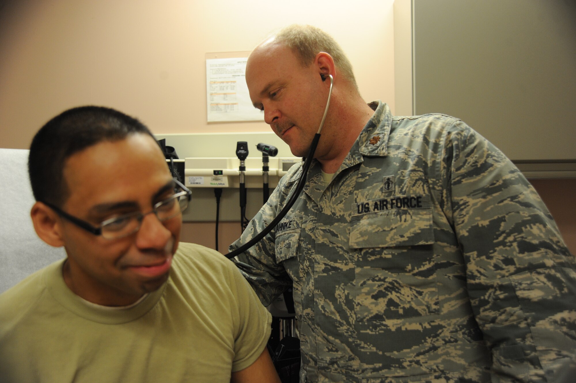U.S. Air Force Maj. John Jahnke, 20th Medical Operation Squadron physician assistant, examines an Airman’s heart rate at Shaw Air Force Base, S.C., Jan. 16, 2014. From Jan. 26-30 the 20th Medical Group is scheduled to celebrate the Biomedical Sciences Corps anniversary. The goal of the week is to recognize the achievements of the men and women who comprise the BSC. (U.S. Air Force photo by Airman 1st Class Michael Cossaboom/Released)