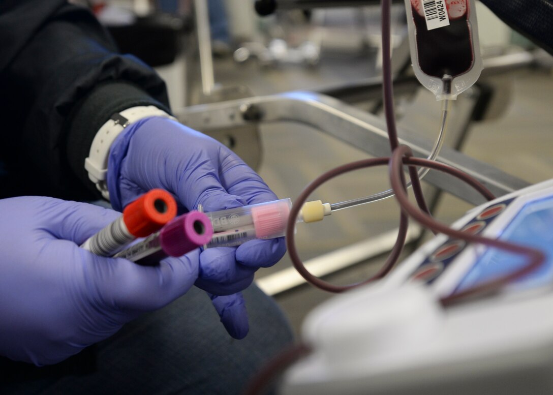 Group 5/6, an organization consisting of staff and technical sergeants that represents the non-commissioned officer tier, hosted a blood drive inside the deployment center at Ellsworth Air Force Base, S.D., Jan. 23, 2015. Conducted by United Blood Services, more than 30 Airmen and base personnel volunteered and donated more than 50 pints of blood that will be used at local area hospitals. (U.S. Air Force photo by Senior Airman Anania Tekurio/Released)