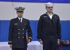 Naval Nuclear Power Training Command staff and students recognized Ensign Derek Oesterheld and Machinist’s Mate 3rd Class Brandon Whitson as the top officer and enlisted honor graduates during the Nuclear Power School Class 1406 graduation ceremony Jan. 23, 2015 in Goose Creek, S.C. More than 1,200 staff members, classmates, family and friends gathered to honor the class before their transition to future duty stations. (US Navy photo by Mass Communication Specialist 2nd Class Jason Pastrick / Released).