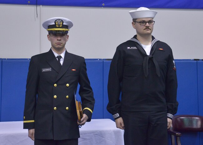 Naval Nuclear Power Training Command staff and students recognized Ensign Derek Oesterheld and Machinist’s Mate 3rd Class Brandon Whitson as the top officer and enlisted honor graduates during the Nuclear Power School Class 1406 graduation ceremony Jan. 23, 2015 in Goose Creek, S.C. More than 1,200 staff members, classmates, family and friends gathered to honor the class before their transition to future duty stations. (US Navy photo by Mass Communication Specialist 2nd Class Jason Pastrick / Released).