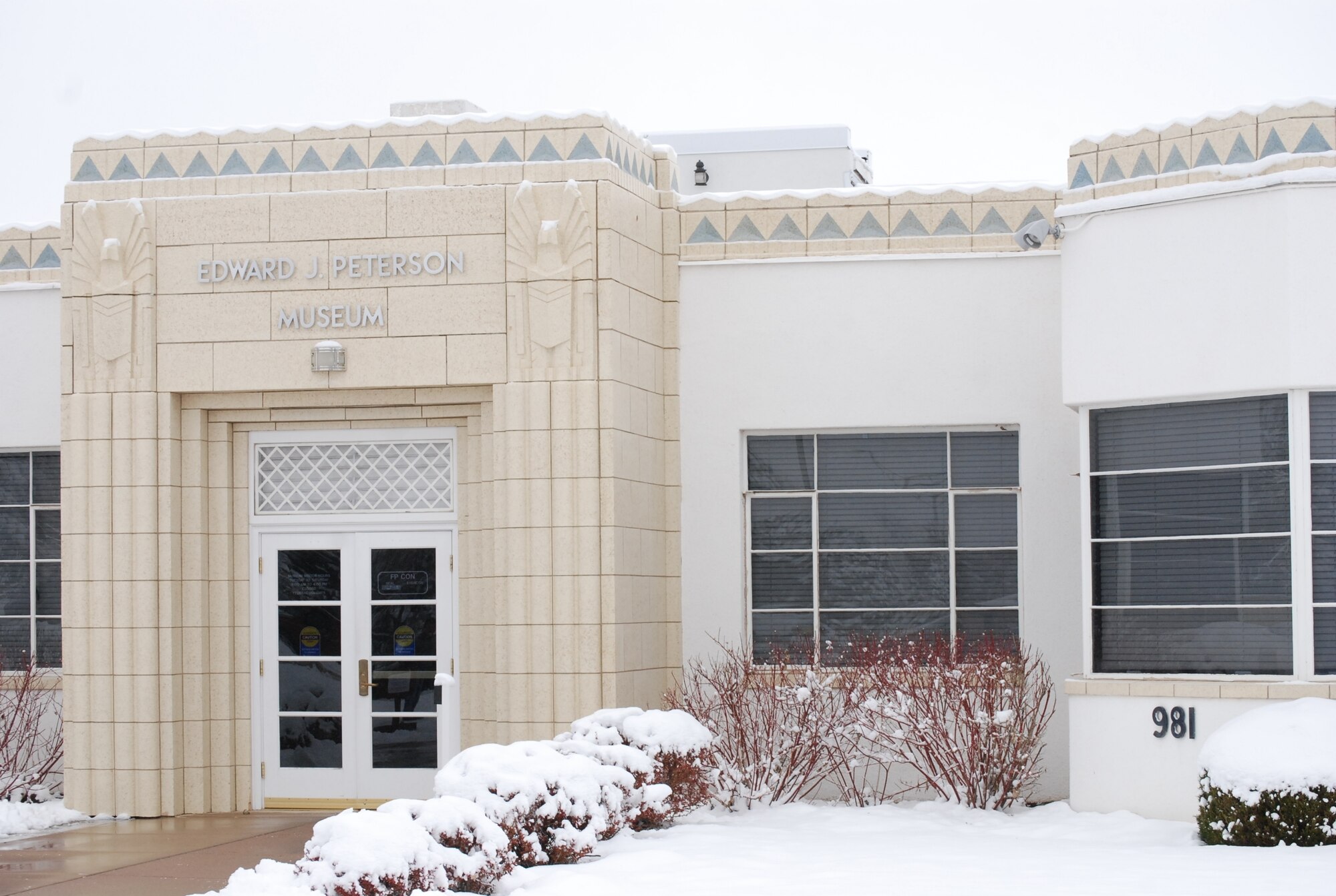 PETERSON AIR FORCE BASE, Colo. -- Possibly the most unique building in the museum complex is the original terminal for the Colorado Springs Municipal Airport. Built in 1941 the building is a great example of the Art Deco style of architecture and presently serves as the entry point of the museum and its historic district. (U.S. Air Force photo by Dave Smith)