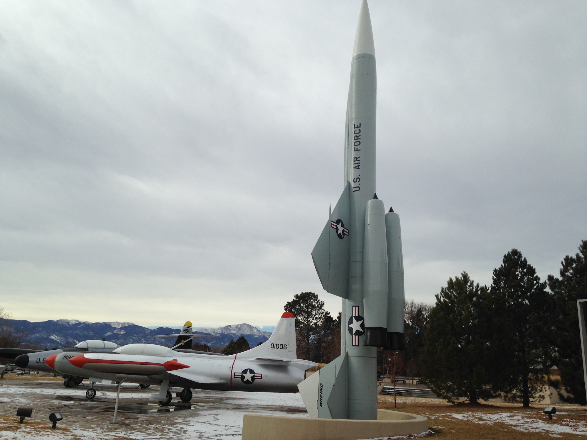PETERSON AIR FORCE BASE, Colo. -- A CIM 10A Bomarc missile displayed at the Peterson Air and Space Museum is one of the Cold War-era displays at the site. Located outdoors, the jets and missiles can be viewed at any time. An F-94C Starfighter is seen in the background along with other display aircraft from the era. (U.S. Air Force photo by Dave Smith)