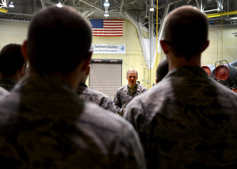 Chief Master Sgt. of the Air Force James Cody speaks with 2nd Maintenance Group Airmen inside the Phase Hangar on Barksdale Air Force Base, La., Jan. 23, 2015. Cody took a tour of the hangar and got an in-depth look at the operations that keep the B-52H Stratofortess flying. (U.S. Air Force photo/Senior Airman Joseph A. Pagán Jr.)