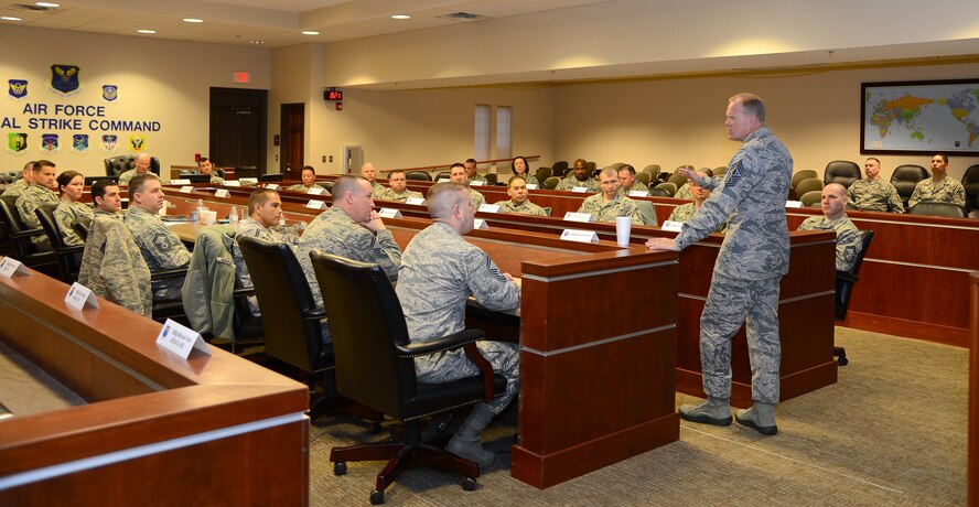 Chief Master Sgt. of the Air Force James Cody speaks with chief master sgt selects during a chief orientation seminar on Barksdale Air Force Base, La., Jan. 23, 2015. Cody offered a senior leader perspective on current Air Force issues and engaged with newly selected Chiefs on their position in the organization and working toward mission success. (U.S. Air Force photo/Senior Airman Joseph A. Pagán Jr.)