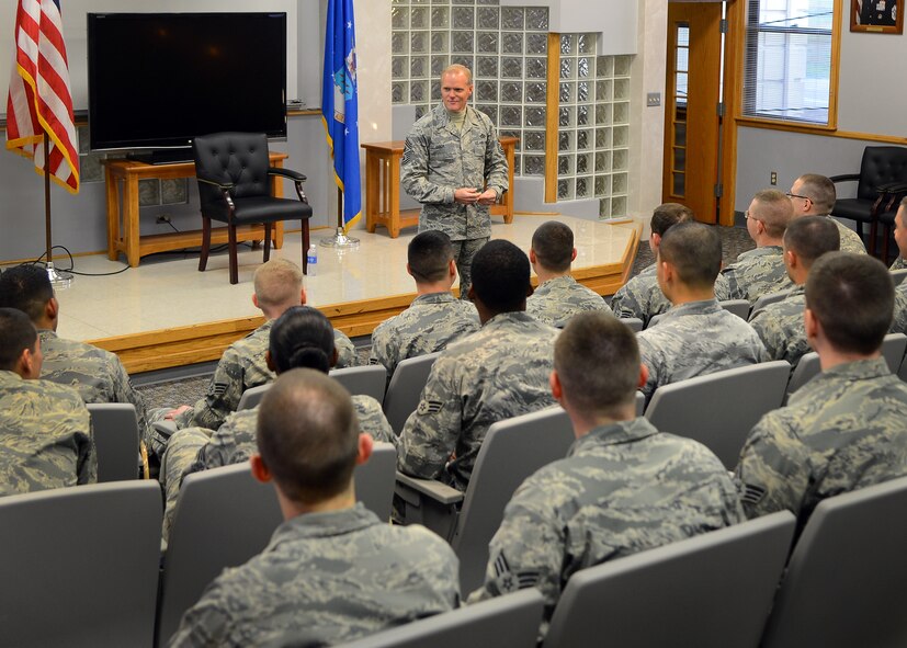 Chief Master Sgt. of the Air Force James Cody speaks to Airmen attending Airman Leadership School on Barksdale Air Force Base, La., Jan. 22, 2015. Cody spoke about what it means to be a leader in today’s Air Force and issues regarding the new Enlisted Performance Report and Airman Comprehensive Assessment. (U.S. Air Force photo/Senior Airman Joseph A. Pagán Jr.)