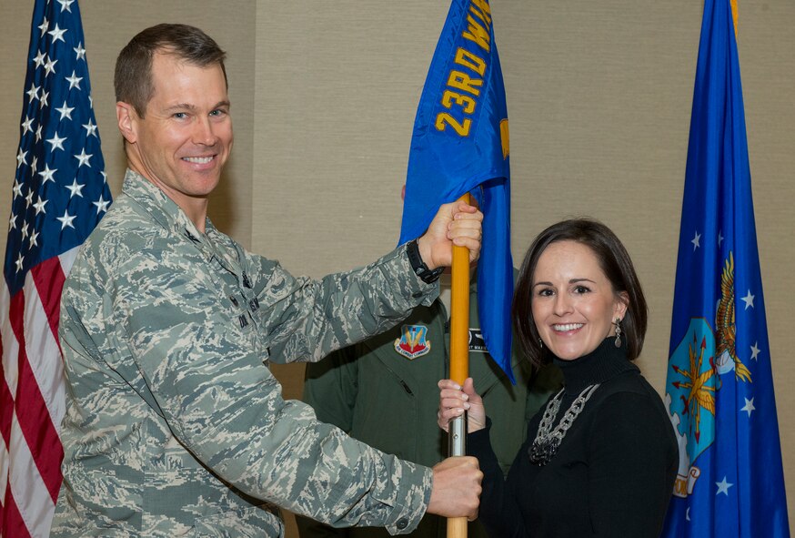 U.S. Air Force Col. Thomas Dorl, 347th Rescue Group commander and Lee Smothers, 347th RQG honorary commander pose for a photo during the Honorary commander assumption of command ceremony Jan. 23, 2015, at Moody Air Force Base, Ga. Honorary Commanders serve a one-year term at their respective units. (U.S. Air Force photo by Airman 1st Class Ceaira Tinsley/Released)