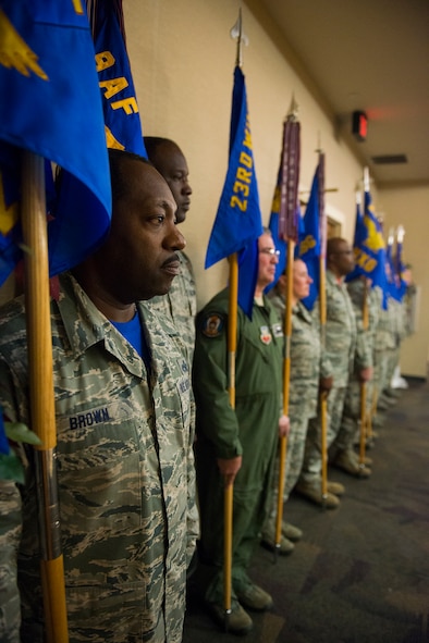 U.S. Air Force Chief Master Sgt. Gregory Brown, 23d Fighter Group superintendent, stands at attention during the Honorary Commander assumption of command ceremony Jan. 23, 2015, at Moody Air Force Base, Ga. The Honorary Commander program allows key leaders of the local community to receive an intimate experience of Moody through tours, demonstrations, ceremonies and various other events. (U.S. Air Force photo by Airman 1st Class Ceaira Tinsley/Released)