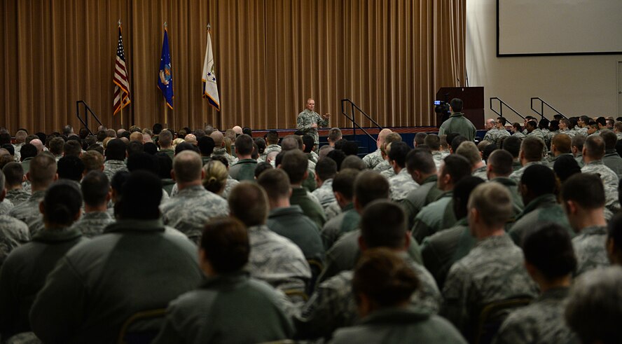 Chief Master Sgt. of the Air Force James Cody speaks at a base all-call at Hoban Hall on Barksdale Air Force Base, La., Jan. 23, 2015. Cody encouraged Airmen to ask any questions they had, which sparked discussion about changes on the new enlisted performance reviews. (U.S. Air Force photo/Airman 1st Class Curt Beach)