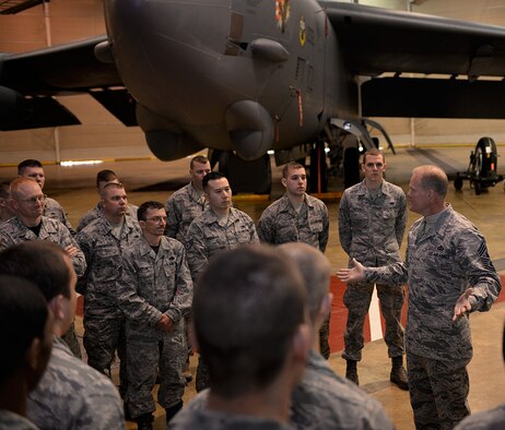 Chief Master Sgt. of the Air Force James Cody speaks with Airmen from the 2nd Maintenance Squadron on Barksdale Air Force Base, La., Jan. 23, 2015. Cody answered Airmen's questions and also spoke about the changes on the new enlisted performance reviews. (U.S. Air Force photo/Airman 1st Class Curt Beach)