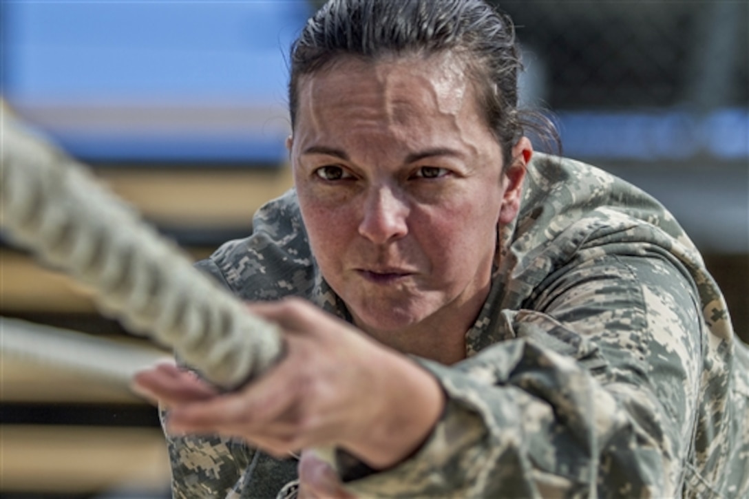 Army Reserve Staff Sgt. Margaret Diacheysn conquers Victory Tower during the second week of her training at the U.S. Army Drill Sergeant Academy on Fort Jackson, S.C., Jan. 26, 2015. Diacheysn is a drill sergeant candidate assigned to 95th Training Division's 2nd Battalion, 413th Regiment.