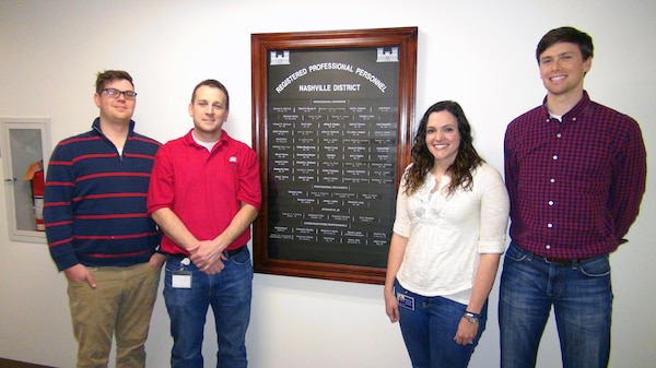 Five employees earned their Professional Engineering License and the distinction of becoming professional engineers. (Left to right)Ryan Clark, civil engineer in the Water Resources Section, Hydrology and Hydraulics Branch; Robert Dillingham, hydraulic engineer in the Water Management Section;  Loren Vidnovic, plan formulator and project manager in the Planning Branch; Chris Stoltz, environmental engineer in the Environmental Engineering Services Branch and not pictured is David Coan, mechanical engineer in the Civil Design Section, all earned this certification. 