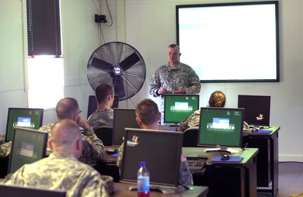 Sgt. 1st Class Robert Meyers, of the 1138th Medium Truck Company, delivers the National Guard suicide prevention and awareness message to Soldiers of his unit at Jefferson Barracks.  