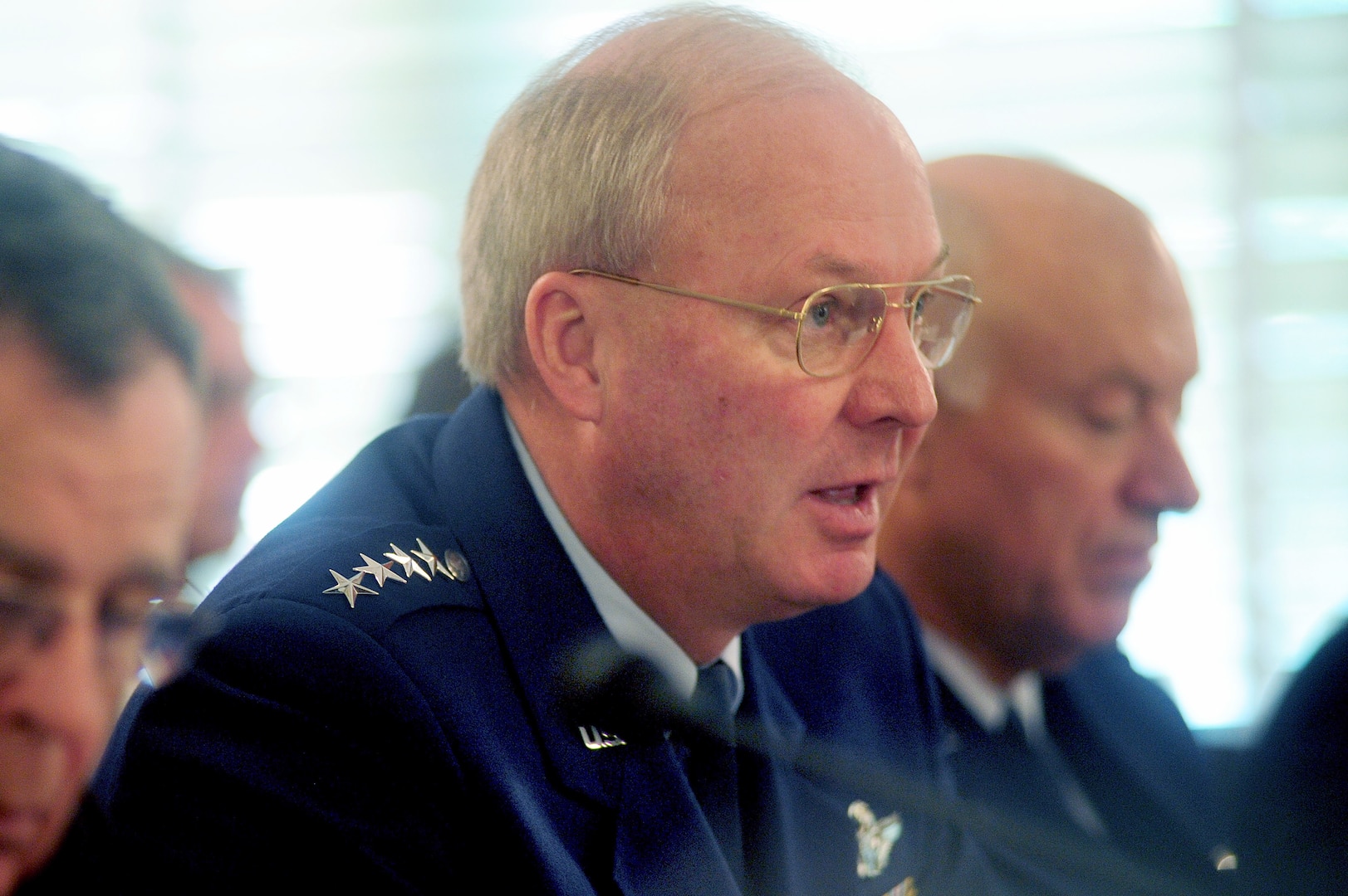 Air Force Gen. Craig R. McKinley, chief of the National Guard Bureau, responds to a question from Sen. Jim Webb while testifying before the Senate Armed Services subcommittee on personnel in Washington, D.C., May 12, 2010. The committee members were seeking information on budget issues facing the Reserve components.