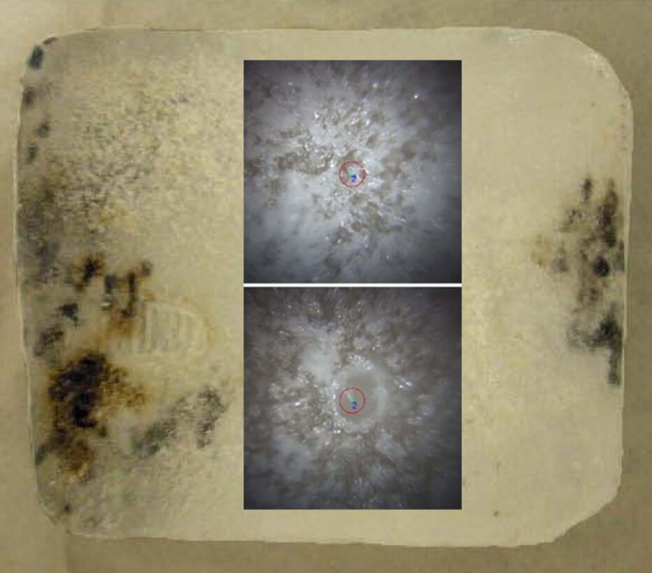ERDC-CRREL researchers use LIBS to analyze ice sample with oil inclusions.  The insets show the sample before (top) and after (bottom) laser ablation.