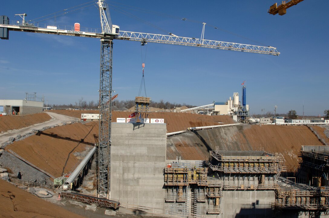 The last form is removed from the first completed massive monolith from a viewpoint over the construction site in Grand Rivers, Ky., Jan. 28, 2015. The U.S. Army Corps of Engineers Nashville District and contractor, Thalle Construction, participated in the event commemorating this first important milestone.