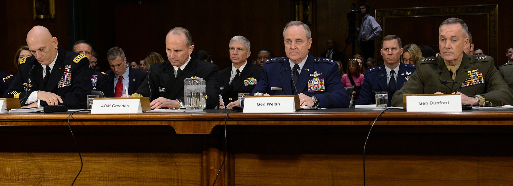 Air Force Chief of Staff Gen. Mark A. Welsh III testifies before the Senate Armed Services Committee Jan. 28, 2015, in Washington, D.C. Welsh testified with fellow service leaders: Chief of Staff of the Army Gen. Raymond Odierno, Chief of Naval Operations Adm. Jonathan W. Greenert and Commandant of the Marine Corps Gen. Joesph F. Dunford Jr. (U.S. Air Force photo/Scott M. Ash)