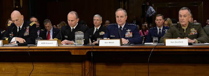 Air Force Chief of Staff Gen. Mark A. Welsh III testifies before the Senate Armed Services Committee Jan. 28, 2015, in Washington, D.C. Welsh testified with fellow service leaders: Chief of Staff of the Army Gen. Raymond Odierno, Chief of Naval Operations Adm. Jonathan W. Greenert and Commandant of the Marine Corps Gen. Joesph F. Dunford Jr. (U.S. Air Force photo/Scott M. Ash)