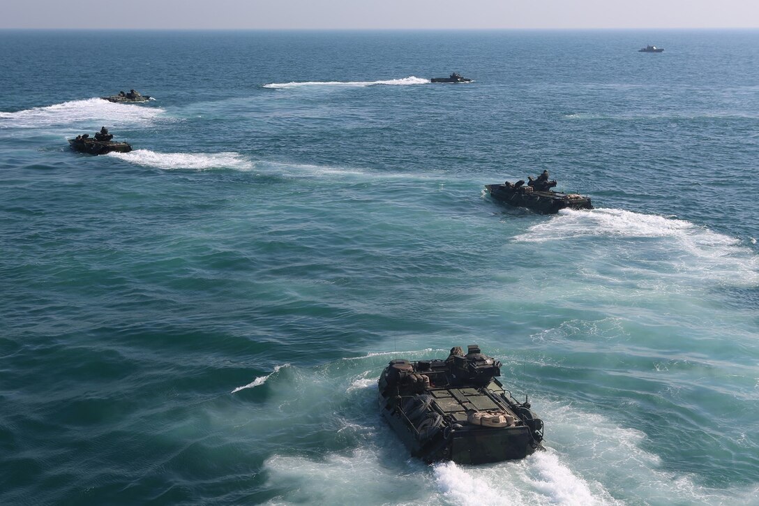 Assault amphibious vehicles (AAVs) with the AAV platoon, Echo Company, Battalion Landing Team 2nd Battalion, 1st Marines, 11th Marine Expeditionary Unit (MEU), leave the well deck of the dock landing ship USS Comstock (LSD 45), Dec. 26. The 11th MEU is deployed with the Makin Island Amphibious Ready Group (ARG) as a theater reserve and crisis response force throughout U.S. Central Command and the U.S. 5th Fleet area of responsibility. (U.S. Marine Corps photo by Sgt. Melissa Wenger/Released)