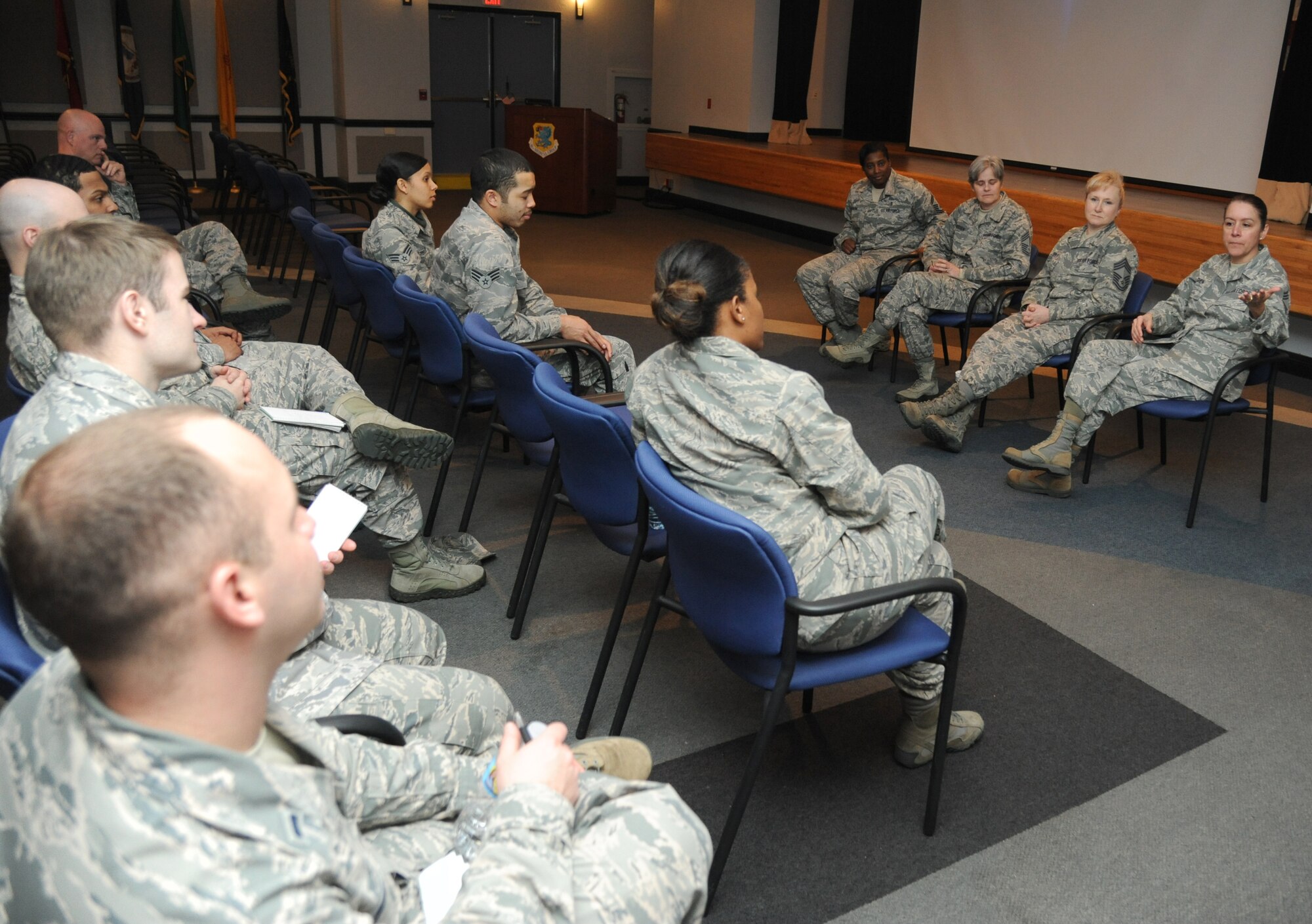 Chief Master Sgt. Paula Eischen, 81st Diagnostics and Therapeutics Squadron pharmacy career field manager, replies to an audience question during a Chief’s Panel Jan. 27, 2015, at the Keesler Medical Center, Keesler Air Force Base, Miss. The panel was held in celebration of 50 years of excellence during Biomedical Sciences Corps week. Other events that took place throughout the week included: an all call, ice cream social, scavenger hunt, bowling tournament and luncheon. (U.S. Air Force photo by Kemberly Groue)