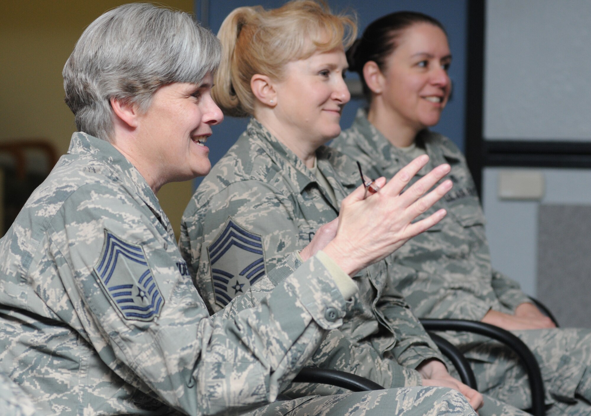 Chief Master Sgt. Susan Andersen, 81st Diagnostics and Therapeutics Squadron superintendent, replies to an audience question during a Chief’s Panel Jan. 27, 2015, at the Keesler Medical Center, Keesler Air Force Base, Miss. The panel was held in celebration of 50 years of excellence during Biomedical Sciences Corps week. Other events that took place throughout the week included: an all-call, ice cream social, scavenger hunt, bowling tournament and luncheon. (U.S. Air Force photo by Kemberly Groue)
