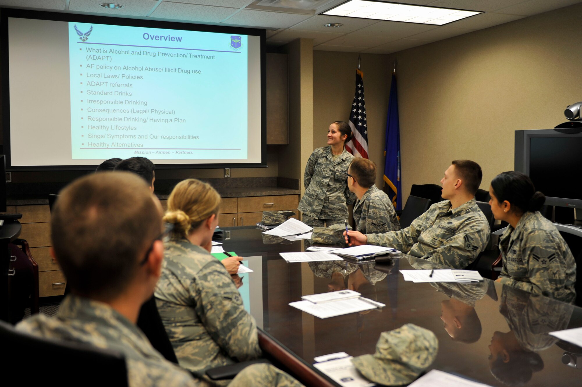 Airman 1st Class Josephine Dispoto, a 19th Medical Operations Squadron mental health technician, briefs approximately 20 First Term Airmen Center Airmen on alcohol and drug prevention Jan. 27 in the medical group at Little Rock Air Force Base. Dispoto, a Yuma, Arizona, native, educates Airmen and their families about responsible drinking at newcomers briefings and at FTAC. Dispoto was recently selected for Senior Airmen Below-the-Zone in December 2014. (U.S. Air Force photo by Senior Airman Regina Edwards)