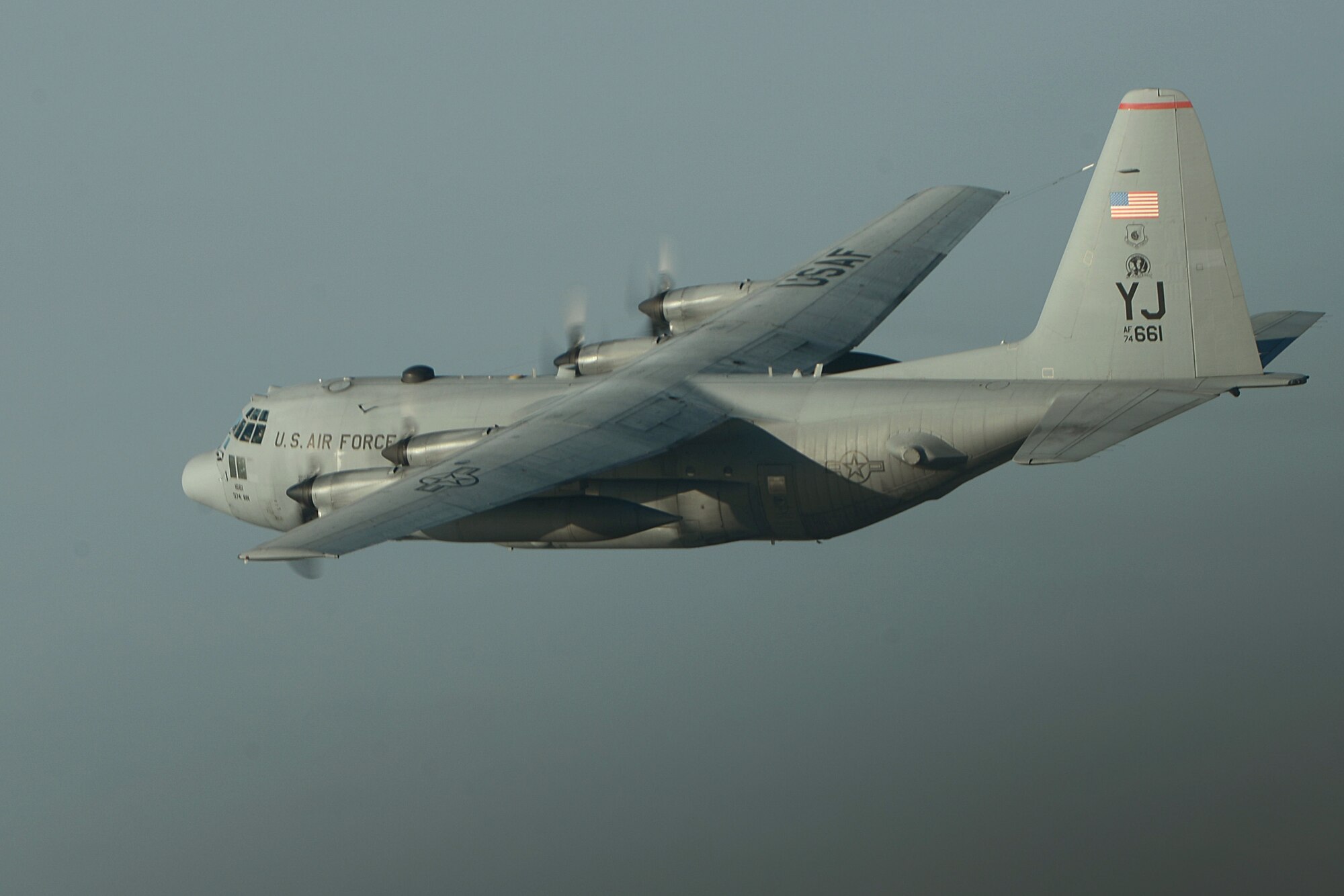A C-130H aircraft assigned from the 374th Airlift Wing, Yokota Air Base, Japan, flies a mission in support of Exercise COPE SOUTH near Sylhet, Bangladesh, Jan. 25, 2015. COPE SOUTH helps cultivate common bonds, foster goodwill, and improve readiness and compatibility between members of the Bangladesh and U.S. Air Forces.  (U.S. Air Force photo by 1st Lt. Jake Bailey/Released)