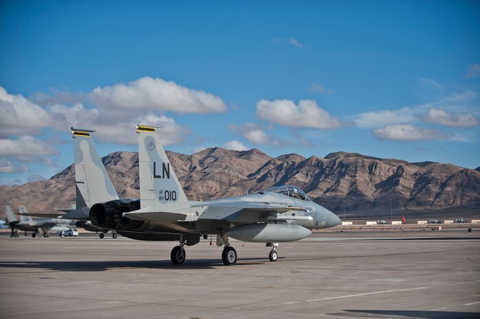 An F-15 Eagle assigned to the 493rd Fighter Squadron, Royal Air Force Lakenheath, England, taxis for flight during Red Flag 15-1 at Nellis Air Force Base, Nev., Jan. 27, 2015. Flying units from around the world come to Nellis AFB to participate in Red Flag exercises, which are held three to four times per year. (U.S. Air Force photo by Staff Sgt. Siuta B. Ika)