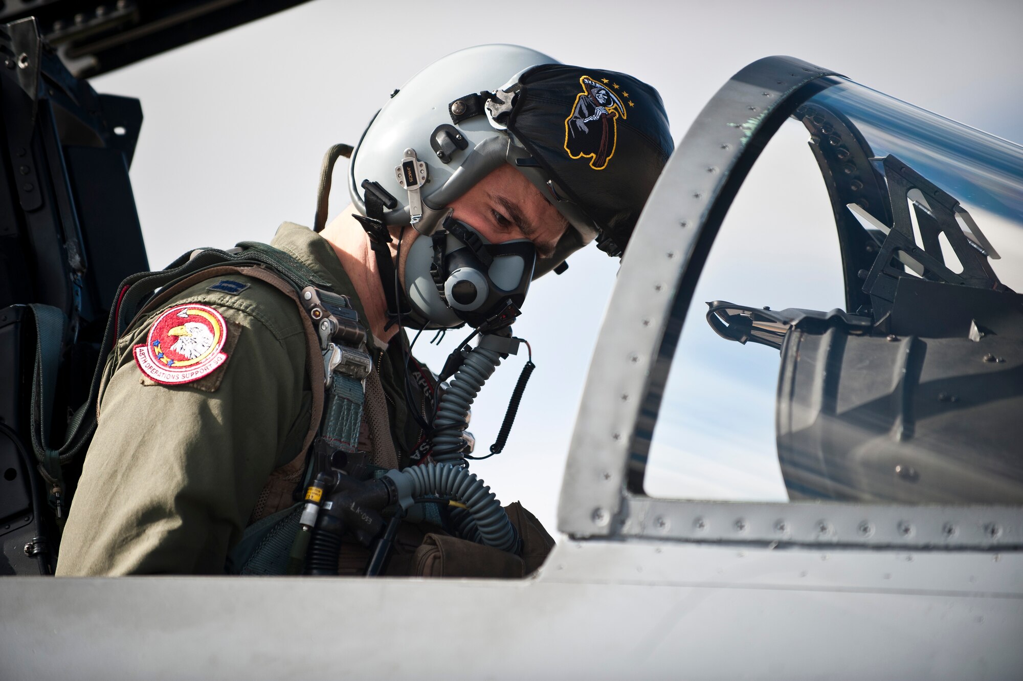 Capt. Joshua Tweedy, an F-15 Eagle pilot assigned to the 48th Operations Support Squadron, Royal Air Force Lakenheath, England, prepares for flight during Red Flag 15-1 at Nellis Air Force Base, Nev., Jan. 27, 2015. Red Flag exercises provide a series of intense scenarios for aircrew and ground personnel to increase their combat readiness and effectiveness for future real-world missions. (U.S. Air Force photo by Staff Sgt. Siuta B. Ika)
