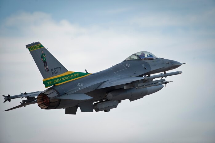 An F-16 Fighting Falcon assigned to the 134th Fighter Squadron, Burlington Air National Guard Base, Burlington, Vt., launches during Red Flag 15-1 at Nellis Air Force Base, Nev., Jan. 26, 2015. Red Flag provides an opportunity for Guardsmen aircrew and maintainers to enhance their tactical operational skills alongside units from around the Air Force. (U.S. Air Force photo by Staff Sgt. Siuta B. Ika)
