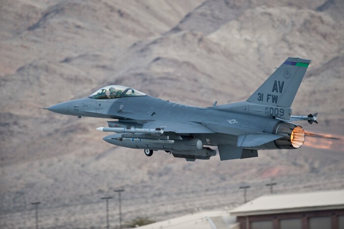 An F-16 Fighting Falcon assigned to the 555th Fighter Squadron, Aviano Air Base, Italy, launches during Red Flag 15-1 at Nellis Air Force Base, Nev., Jan. 26, 2015. Red Flag provides a series of intense air-to-air scenarios for aircrew and ground personnel to increase their combat readiness and effectiveness for future real-world operations. (U.S. Air Force photo by Staff Sgt. Siuta B. Ika)