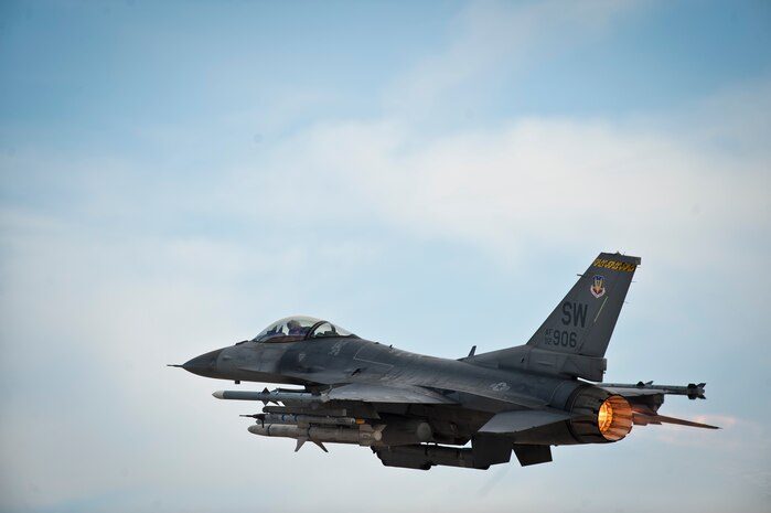 An F-16 Fighting Falcon assigned to the 79th Fighter Squadron, Shaw Air Force Base, S.C., launches during Red Flag 15-1 at Nellis Air Force Base, Nev., Jan. 26, 2015. Red Flag is a realistic combat training exercise involving the air, space and cyber forces of the U.S. and its allies, and is conducted on the vast bombing and gunnery ranges on the Nevada Test and Training Range. (U.S. Air Force photo by Staff Sgt. Siuta B. Ika)