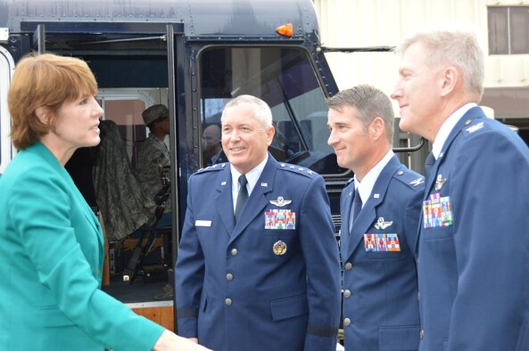 TYNDALL AIR FORCE BASE, Fla. – Upon her arrival at the 601st Air Operations Center Jan. 23, U.S. Rep. Gwen Graham of Florida meets the senior- leadership greeting party, (from left):  Lt. Gen. William Etter, Continental  U.S. Aerospace Defense Command Region – 1st Air Force (Air Forces Northern) Commander, Col. John Ferry, 601st AOC Commander and Col. Brian Johnson, 101st Air Operations Group Commander.  During her visit, the congresswoman received a mission briefing and toured the operations floor where air-defense activities occur around the clock 365 days a year. (U.S. Air Force photo by Mary McHale/Released)