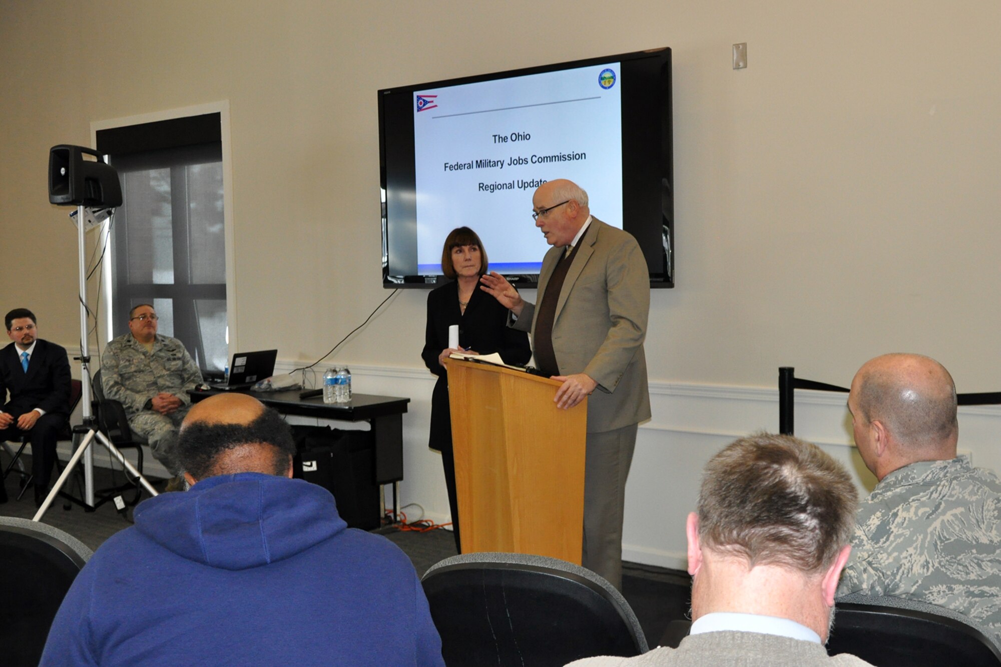 YOUNGSTOWN AIR RESERVE STATION, Ohio – Members of the newly formed Ohio Federal and Military Jobs Commission-Youngstown (OFMJC-Y) address an audience of members of the newly formed Youngstown Military Affairs Council (YMAC), YARS leadership as well as senior regional and community leaders at an Introduction Session held here, Jan. 22, 2015. The focus of the Ohio Federal and Military Jobs Commission (OFMJC) is to enhance Ohio’s competitive position to retain, grow and leverage jobs associated with the state’s significant military and federal installation assets. The OFMJC will also create a strategic plan to improve Ohio’s ability to attract and retain federal defense missions, grow contracting and job opportunities in both the public as well as private sectors. U.S. Air Force photo by Master Sgt. Bob Barko Jr.