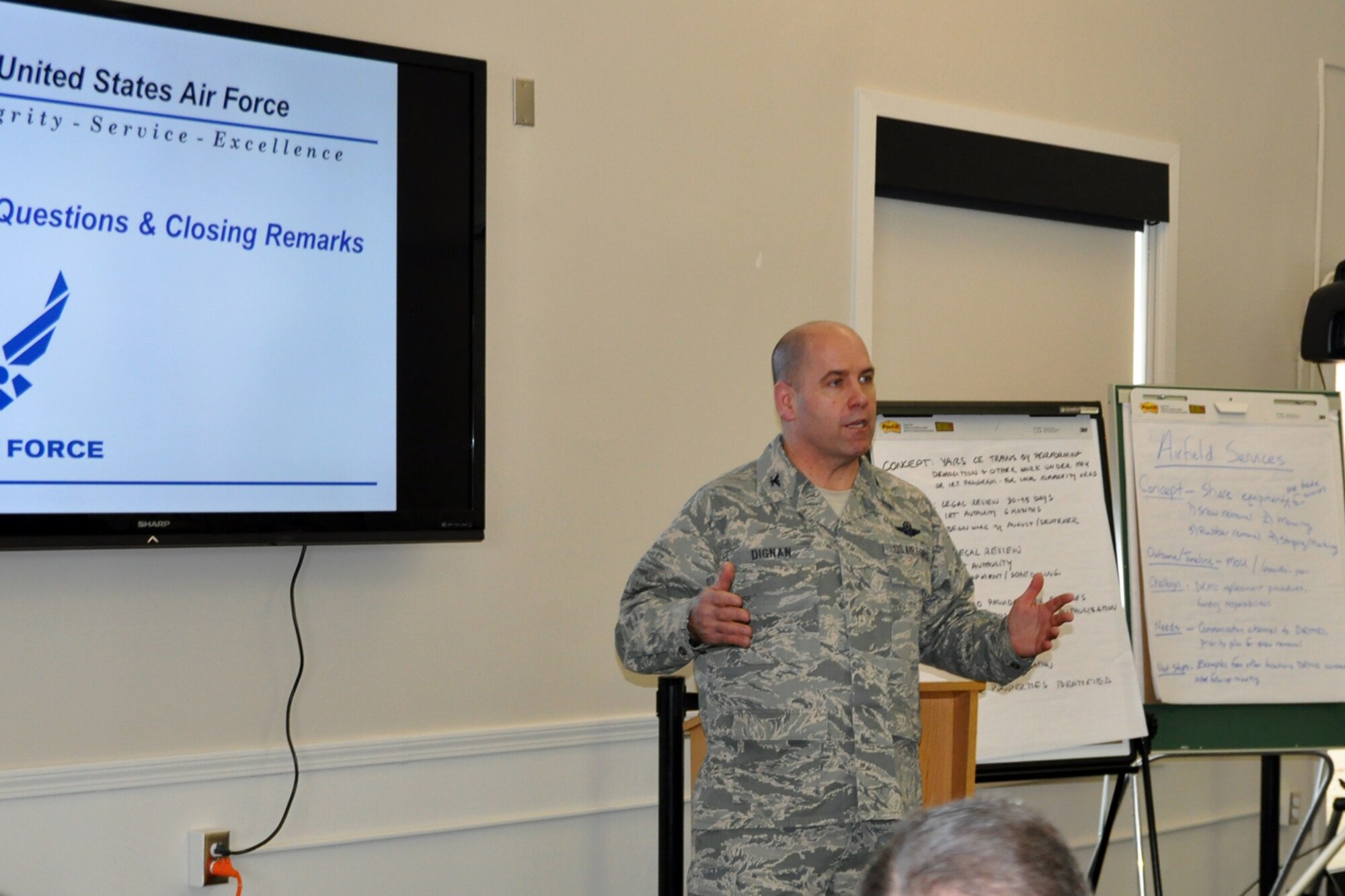 YOUNGSTOWN AIR RESERVE STATION, Ohio – Air Force Reserve Col. James Dignan, commander of the 910th Airlift Wing based here, addresses an audience of members of the newly formed Youngstown Military Affairs Council (YMAC), YARS leadership as well as senior regional and community leaders at a Way Ahead Meeting as part of the Air Force Community Partnership Program (AFCPP) here, Jan. 22, 2015. The AFCPP is designed to identify and develop mutually beneficial partnerships between Air Force installations and surrounding communities. The aim is to leverage the intellectual capital, resources and entrepreneurial spirit of our installation and community to improve cost effective operations and quality of life programs, all while supporting local economic goals and interests. U.S. Air Force photo by Master Sgt. Bob Barko Jr.