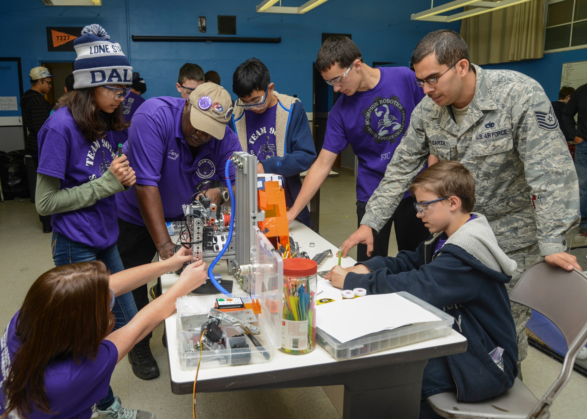 The junior varsity team, Scorpiobotics, has seventh to ninth grade students. The rookie team qualified for the L.A. Regionals Feb. 14. (U.S. Air Force photo by Rebecca Amber)