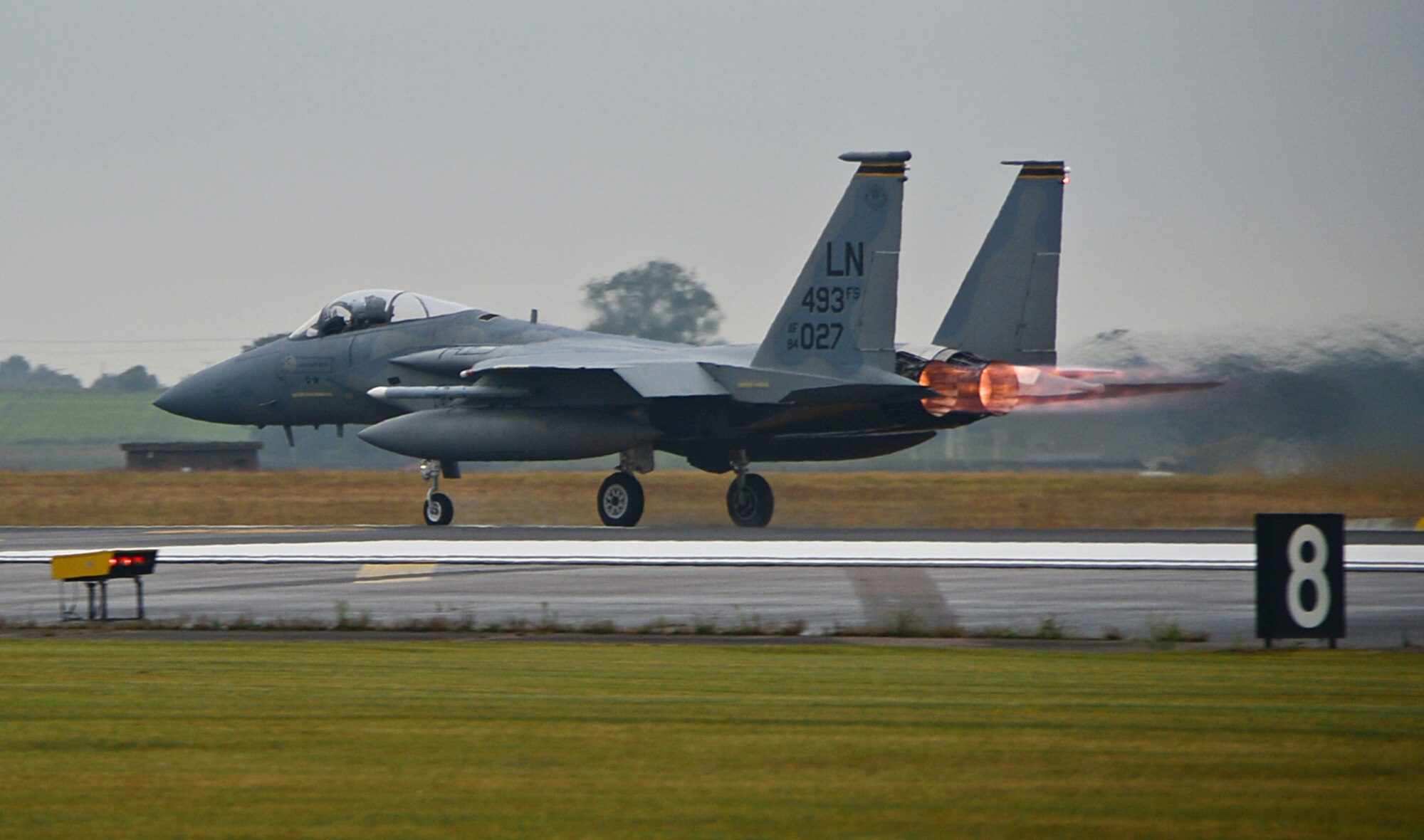 A 493rd Fighter Squadron F-15C Eagle takes off from Royal Air Force Lakenheath, England, Aug. 15, 2014, to participate in bilateral training at Graf Ignatievo Air Base, Bulgaria. The F-15 fighter pilots’ flying training deployment to Bulgaria focuses on maintaining joint readiness while building interoperability capabilities. (U.S. Air Force photo by Senior Airman Erin O’Shea/Released)